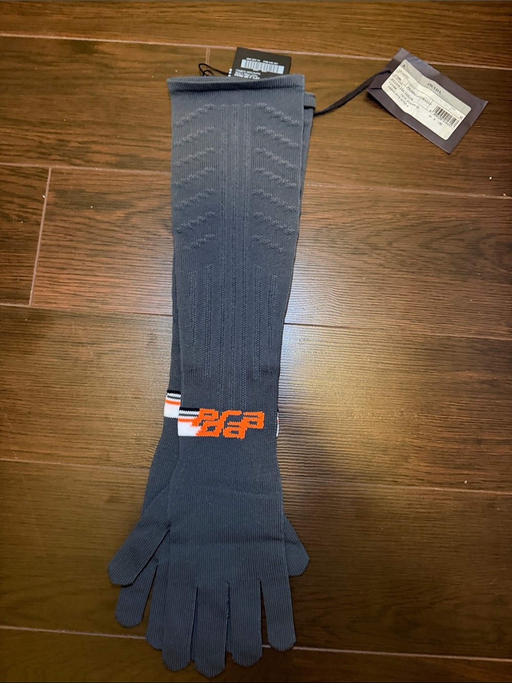 Prada Gray Gloves with Orange and White Logo Stripe